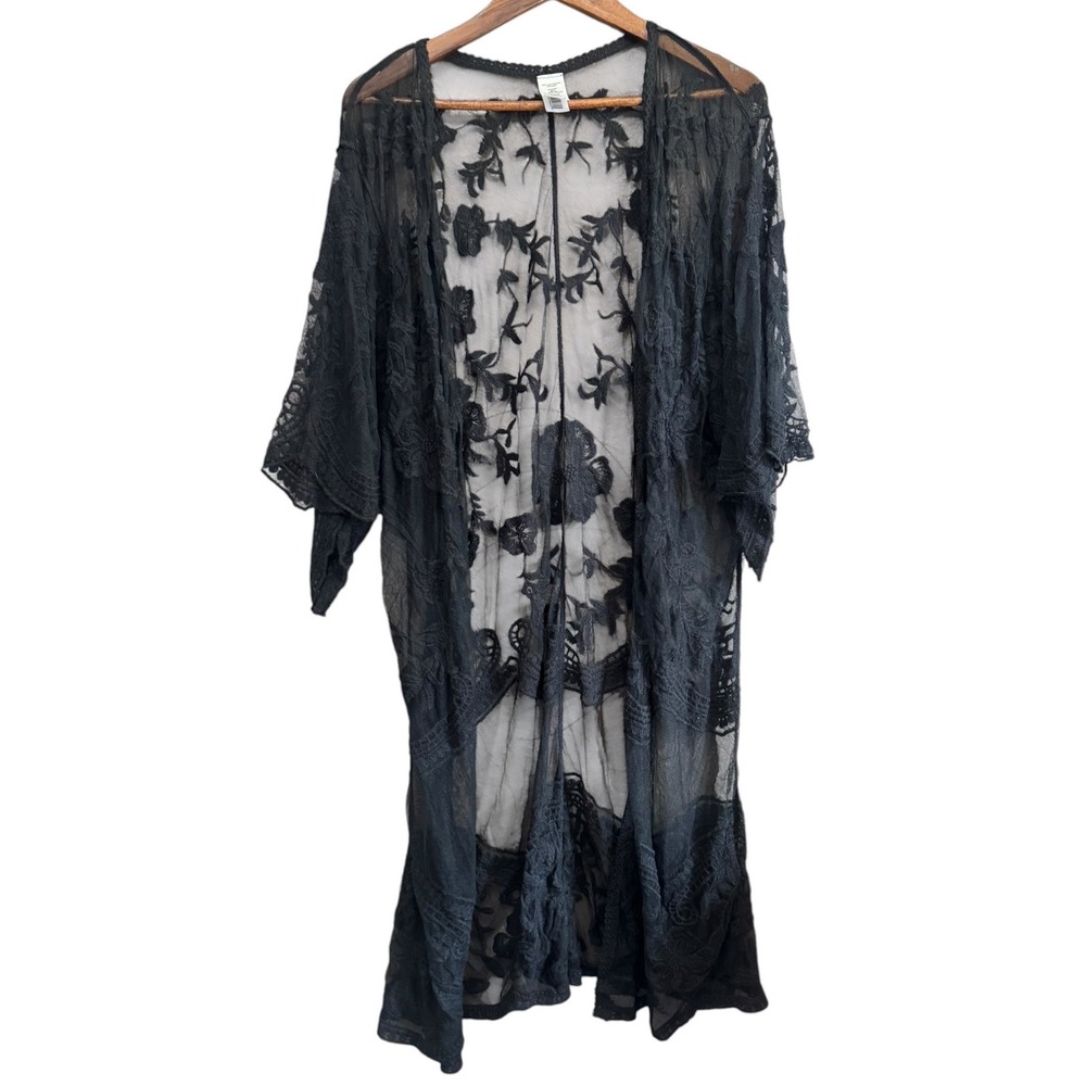 Unbranded Lace Kimono Duster Women S/M Black Excellent Floral Mesh Embroidered